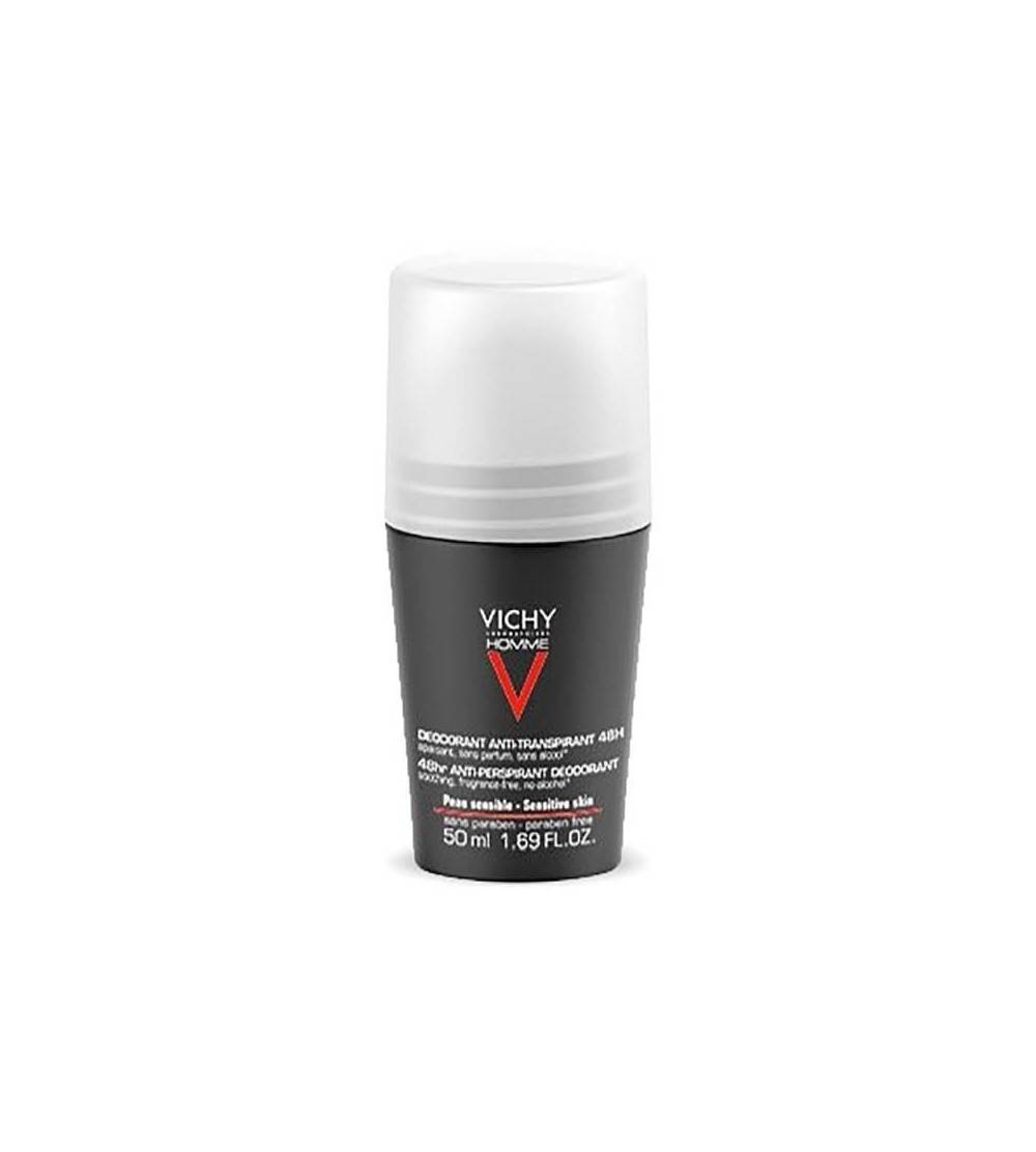 O desodorante desodorante Vichy Homme desodorante para homens regula a transpiração e protege contra odores por 48 horas