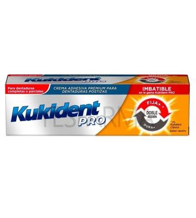 Kukident pro doble acción neutro es un pegamento para prótesis dentales con acción adhesiva y de sellado de la dentadura.