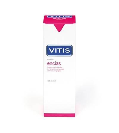 Vitis encías colutorio bucal 500ml es un enjuague bucal específico para tratar gingivitis y sangrado de encías.
