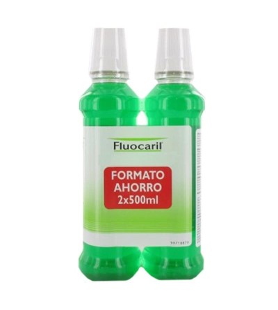 Fluocaril colutorio con flúor 500 ml  Pack 2 unidades para eliminar la placa bacteriana y las caries de los dientes.