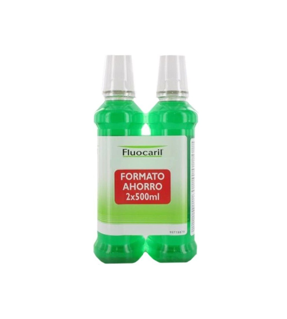 Fluocaril colutorio con flúor 500 ml  Pack 2 unidades para eliminar la placa bacteriana y las caries de los dientes.