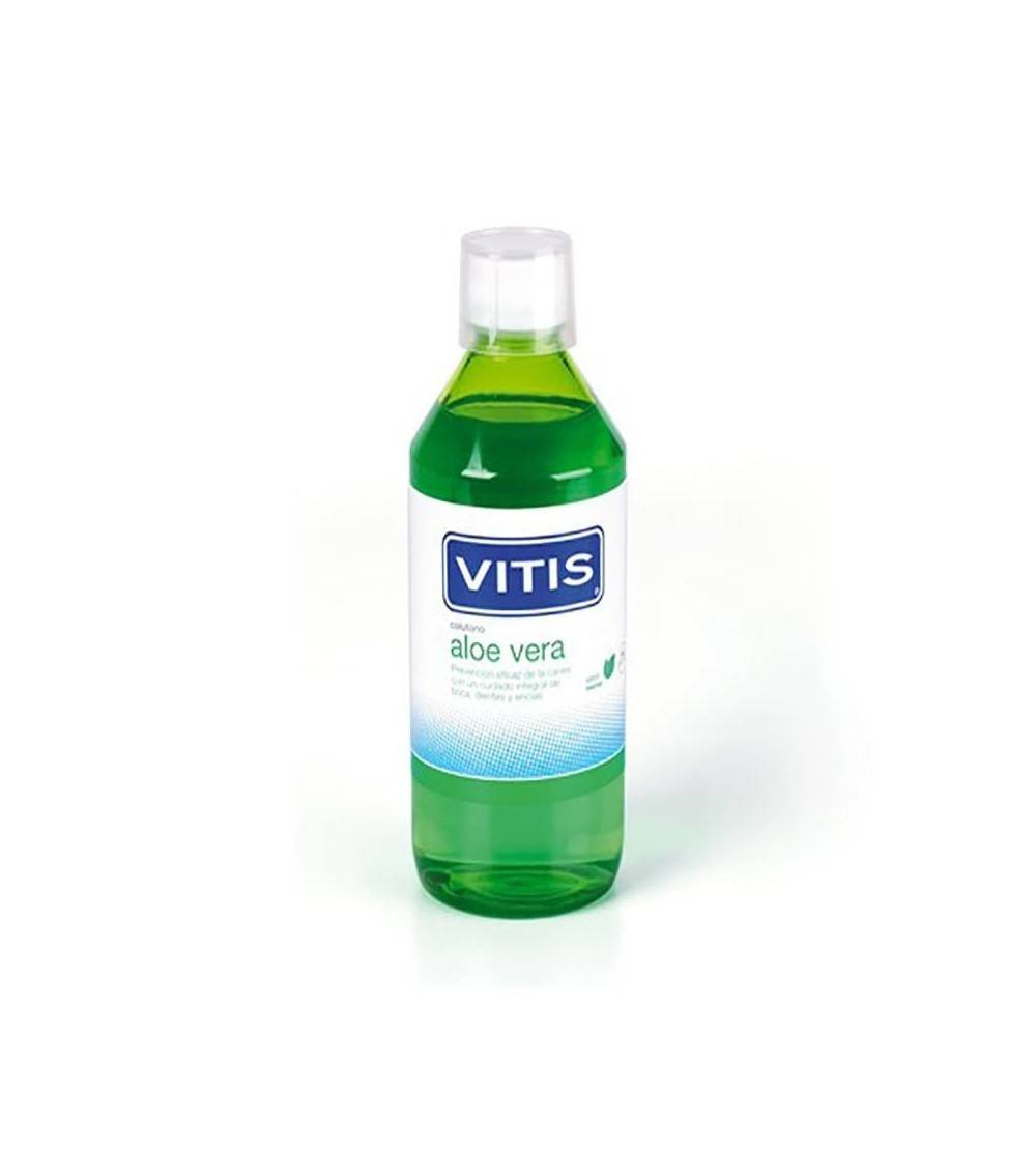 Vitis aloe vera enjuague bucal 500ml es un colutorio de uso diario para eliminar las caries y la placa bacteriana de los dientes