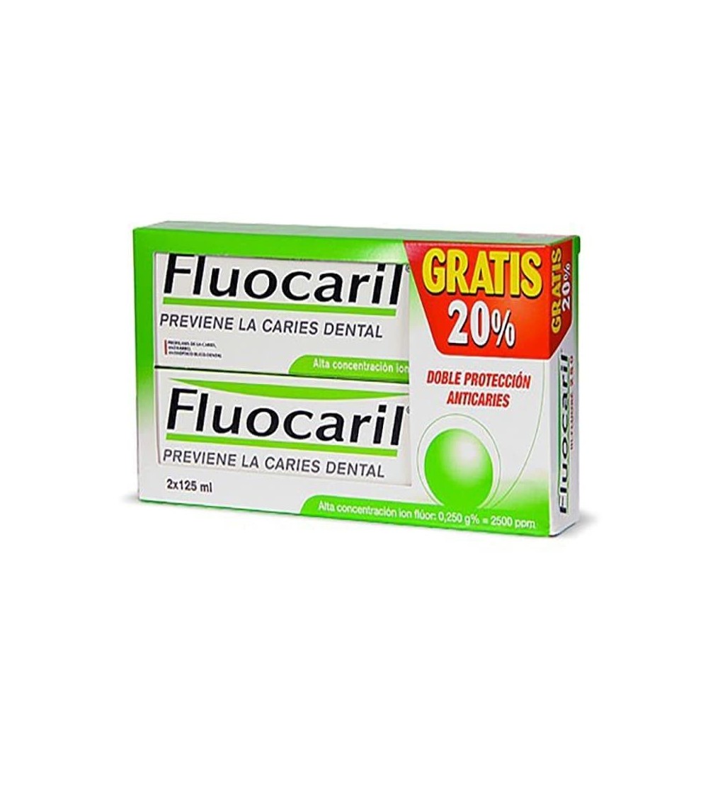 Fluocaril bi-fluore 250 125 ml Duplo es una pasta de dientes anti caries de uso diario para eliminar placa dental y bacterias.