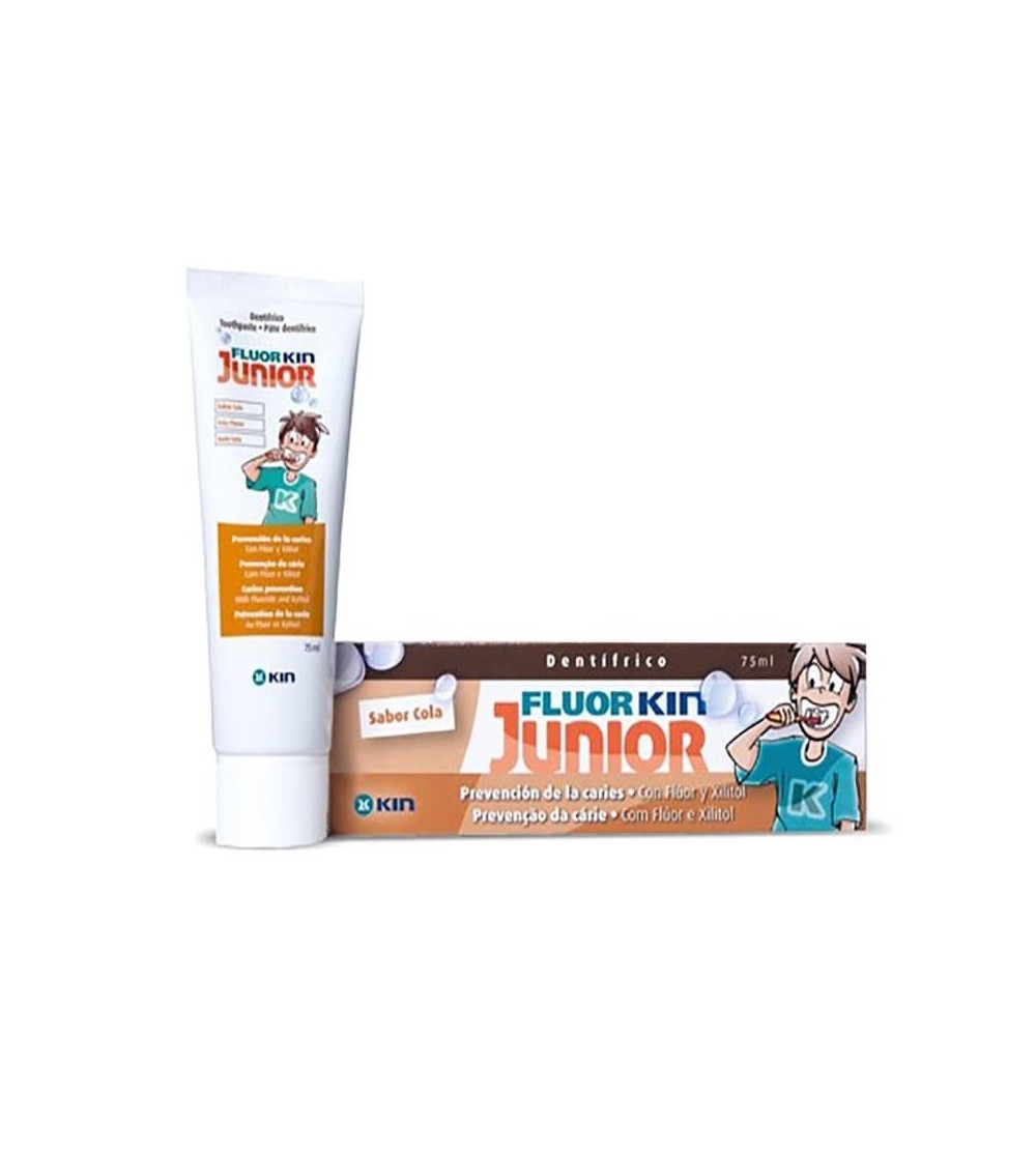 Fluor Kin junior pasta cola 75ml es una pasta de dientes para niños con flúor y con acción anti caries.
