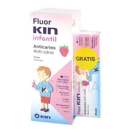 O enxaguatório bucal de morango infantil Fluorine Kin é um enxaguatório bucal para crianças com flúor, anti-cáries e protege o e