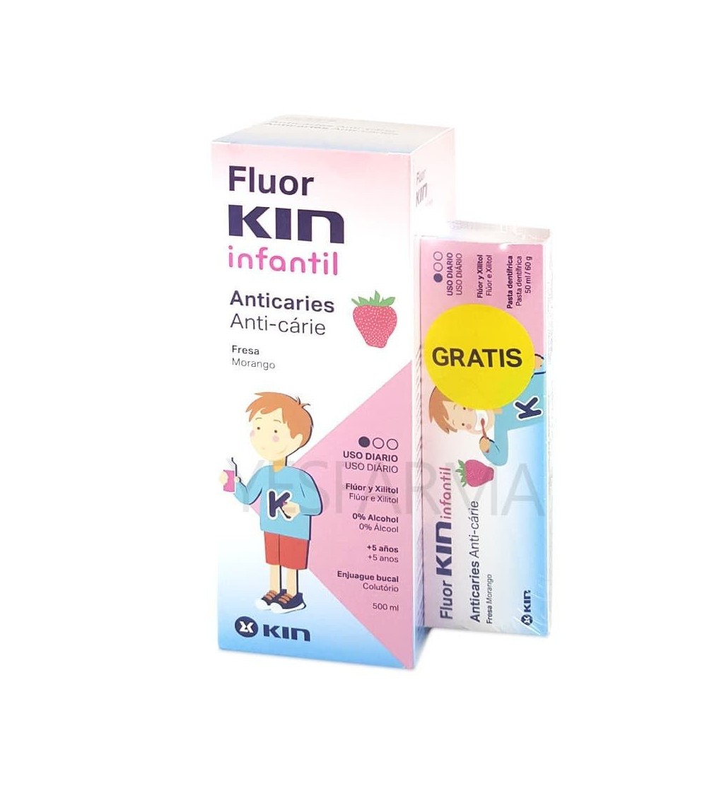 Flúor Kin infantil colutorio fresa es un ejuague bucal para niños con flúor, anti Caries y protege el esmalte.