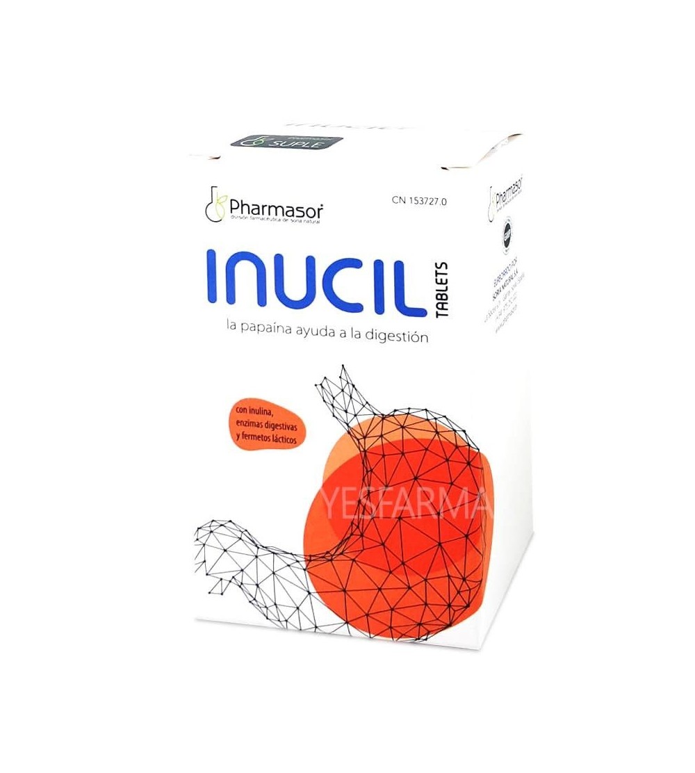 Compre Inucil 30 comprimidos Pharmasor para reduzir o inchaço do estômago e digestão pesada. Melhor preço barato Yesfarma.