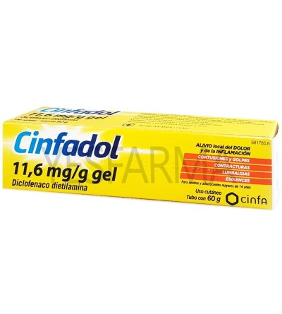 Comprar Cinfadol 11,6mg/g gel 60g crema antiinflamatorio para golpes. Mejor precio barato Farmacia Yesfarma.