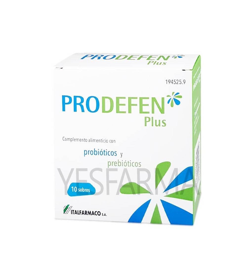 Compre os envelopes Prodefen Plus 10. Probióticos e prebióticos para adultos e crianças. Melhor preço Yesfarma.